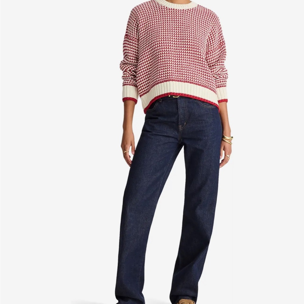 Women’s Madewell Textured Stitch Crewneck Sweater in  Ivory and Ruby Stripe M - Picture 2 of 12